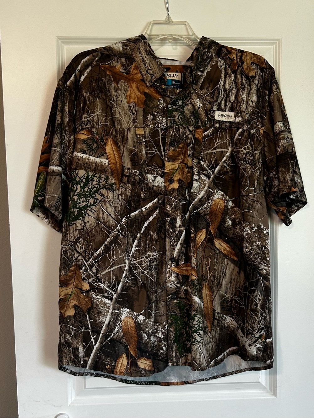 Magellan Outdoors Men’s Short Sleeve Woodland Camo Shirt - Brown, Green, Black